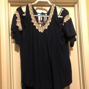 Navy off cold shoulder blouse